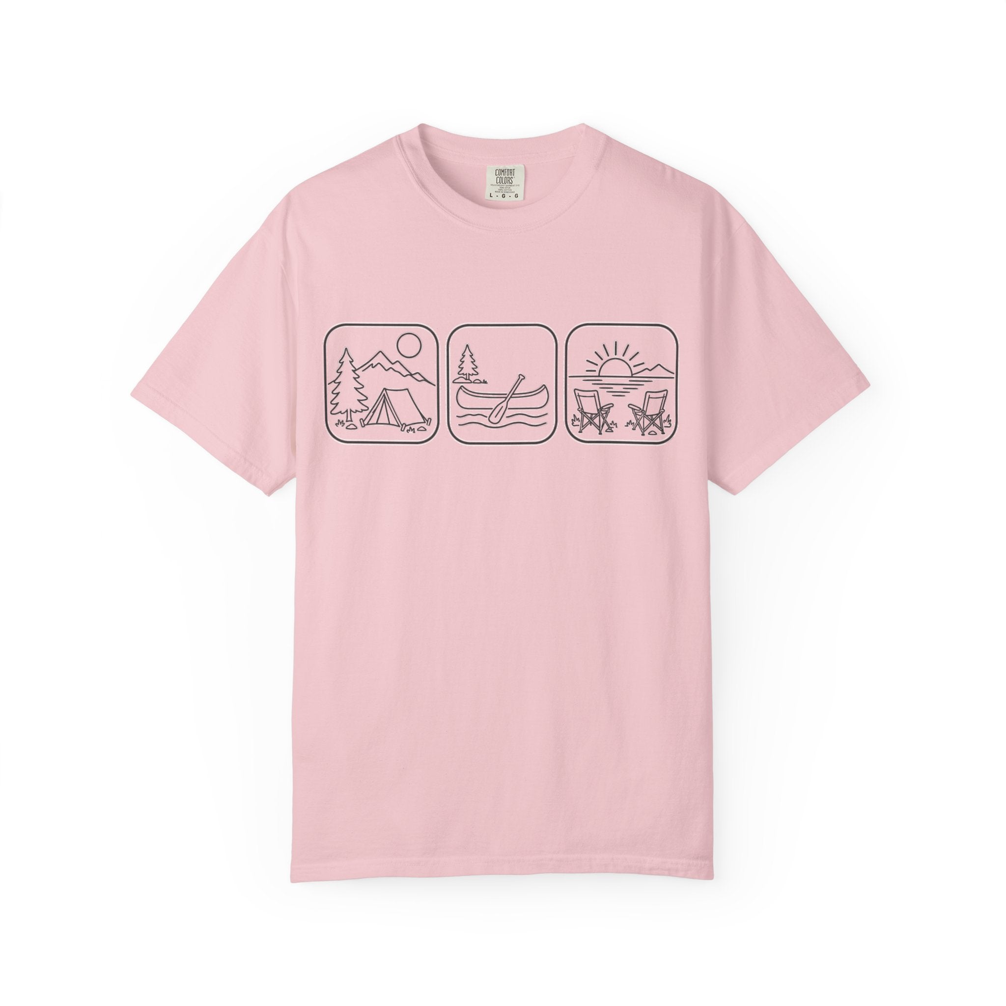 Adventure Icons T-Shirt — Camping, Surfing & Sunset Graphic Tee