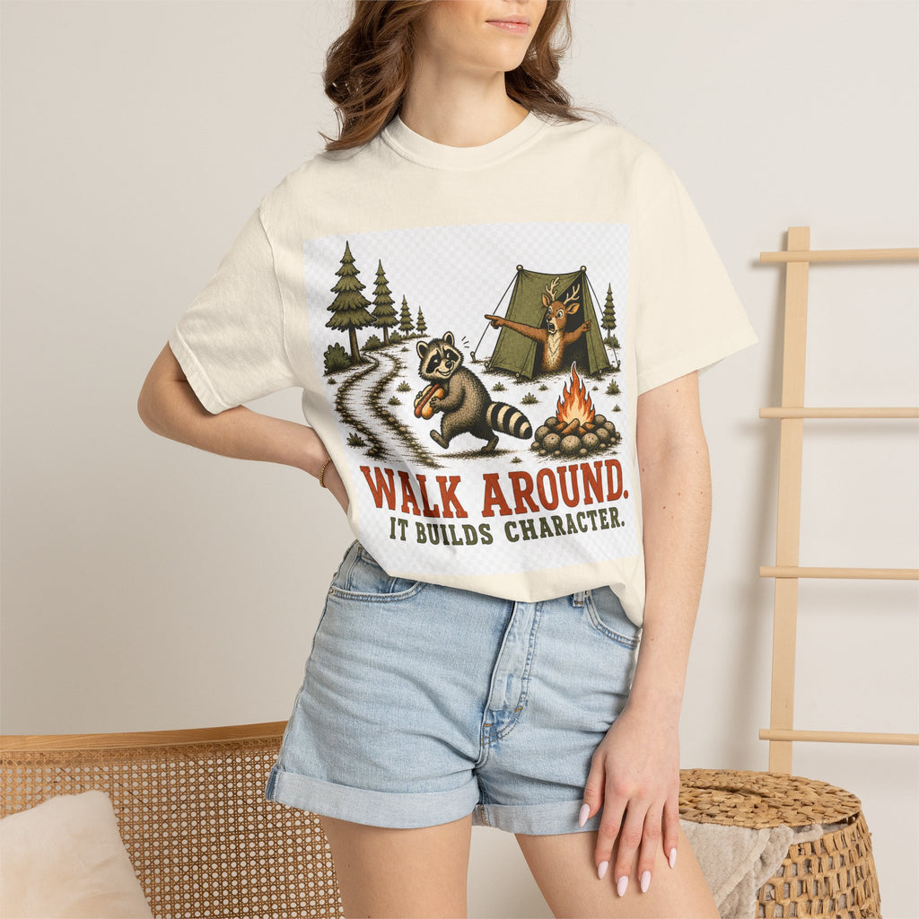 Camping T-Shirt — "Walk Around. It Builds Character." Retro Raccoon Campfire Design