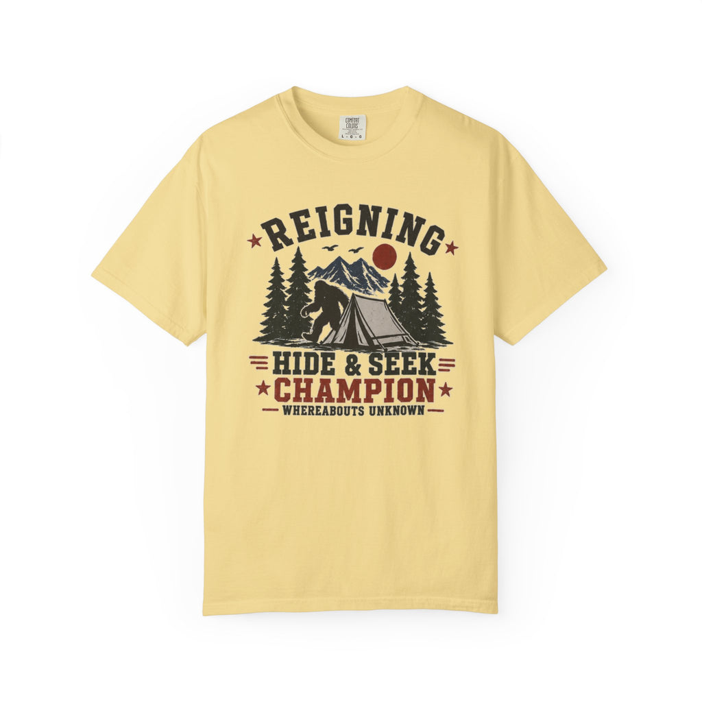 Hide & Seek Champion Camping T-Shirt — Outdoor Tent, Mountains & Trees Design
