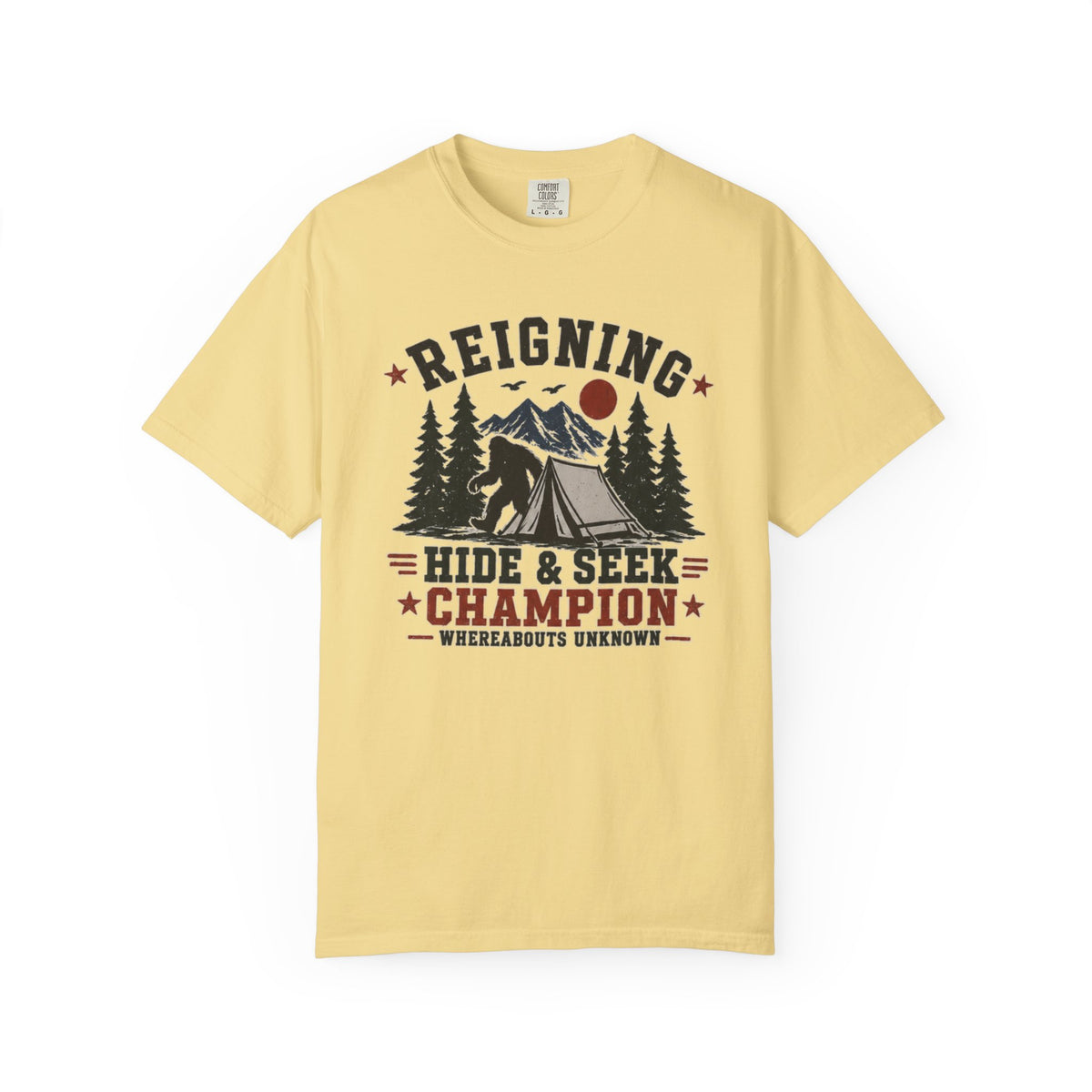 Hide & Seek Champion Camping T-Shirt — Outdoor Tent, Mountains & Trees Design