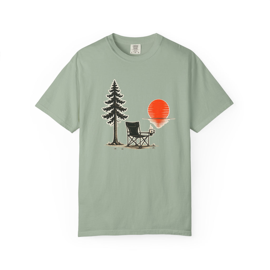 Camping Sunset T-Shirt — Chair & Pine Tree Scenic Tee