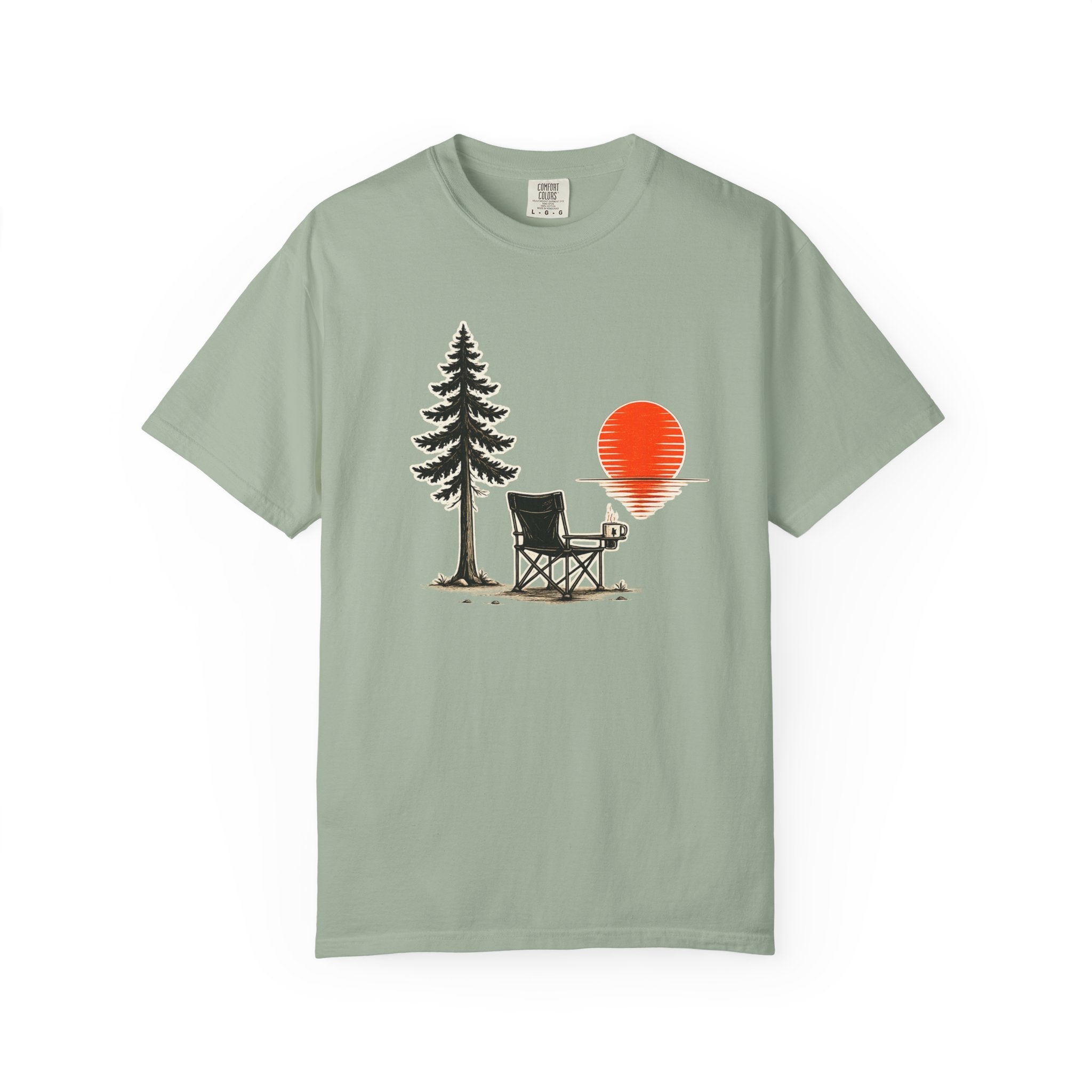 Camping Sunset T-Shirt — Chair & Pine Tree Scenic Tee