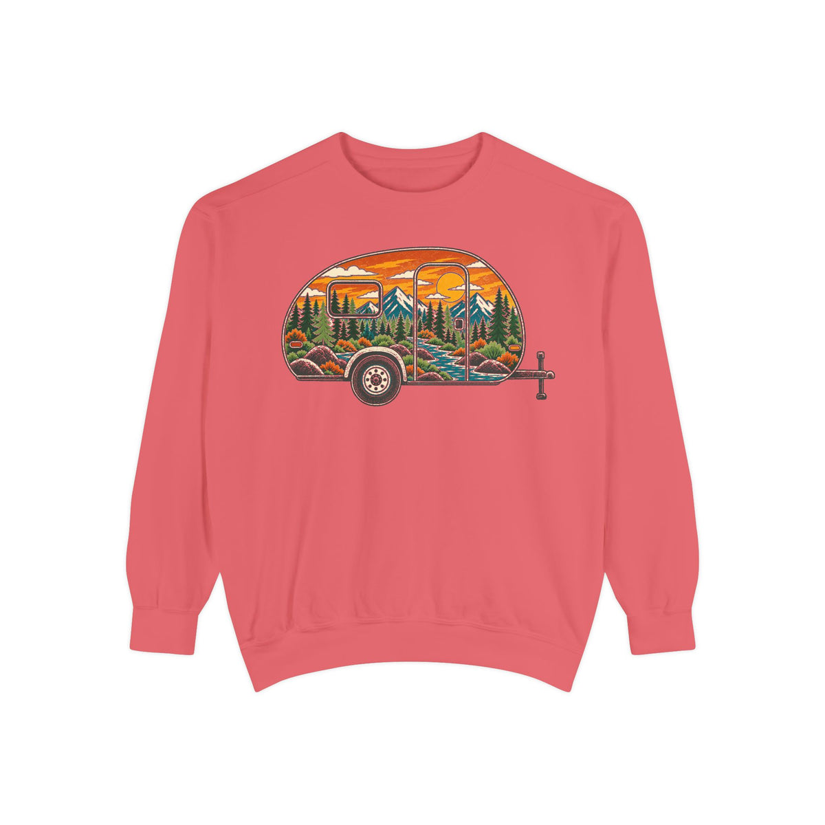 Camper Trailer Crewneck Sweatshirt — Vintage Sunset Mountain RV Camping Design