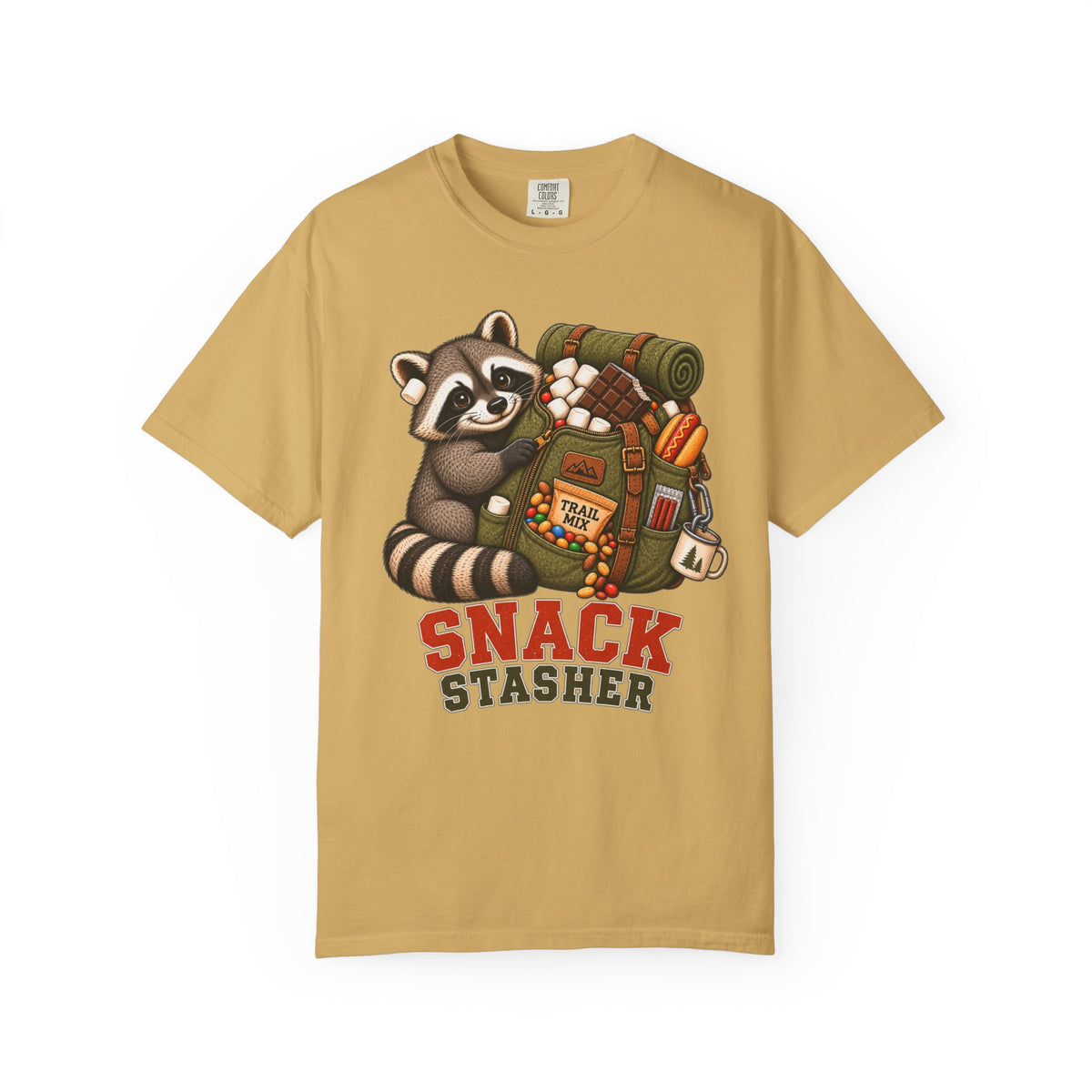 Snack Stasher T-Shirt — Cute Raccoon Backpacking Graphic Tee