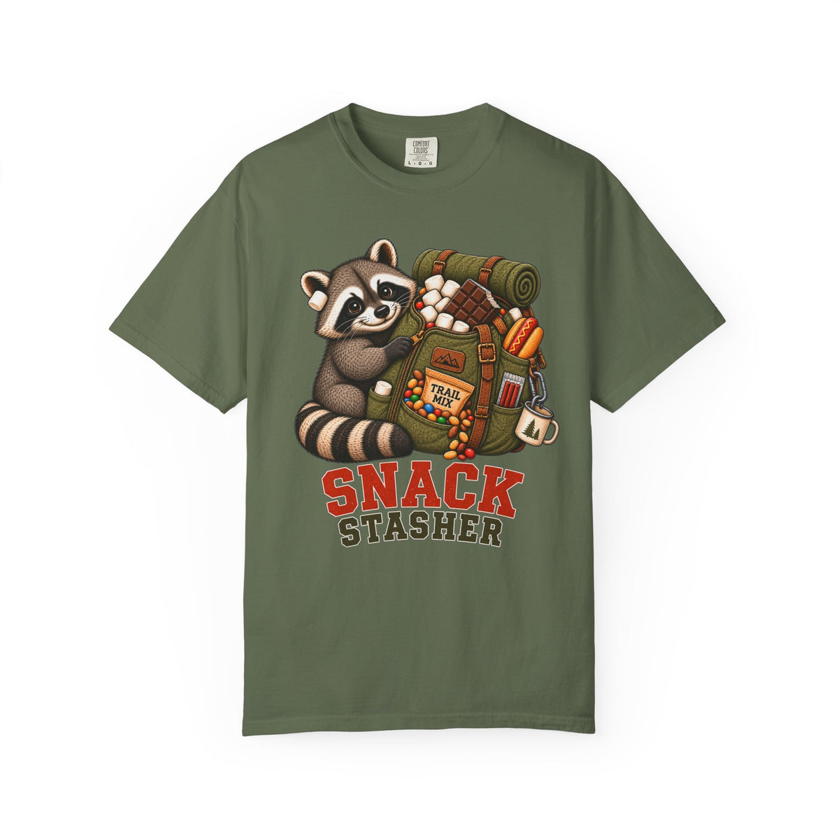Snack Stasher T-Shirt — Cute Raccoon Backpacking Graphic Tee