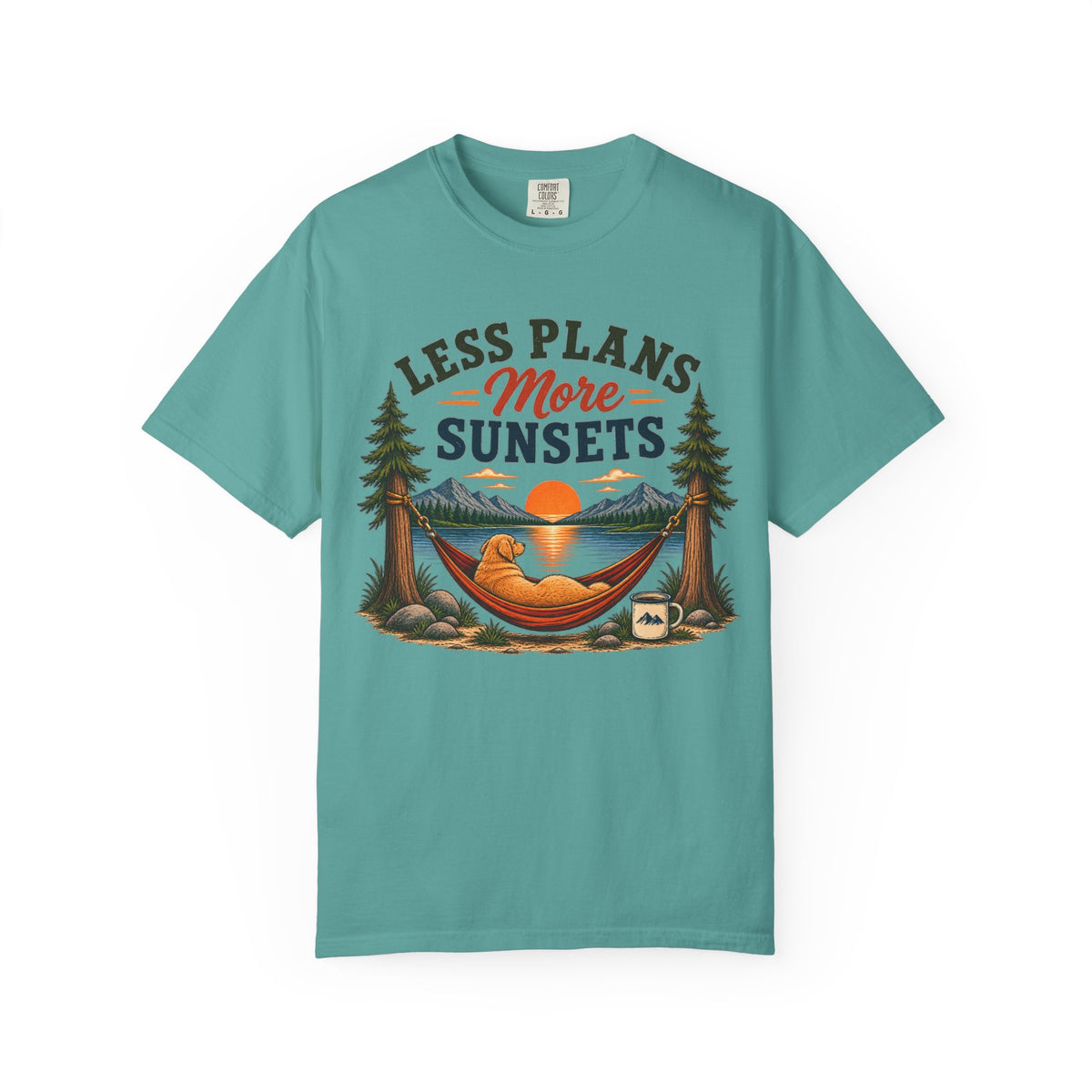 Less Plans More Sunsets T-Shirt — Relaxed Outdoor Camping Tee