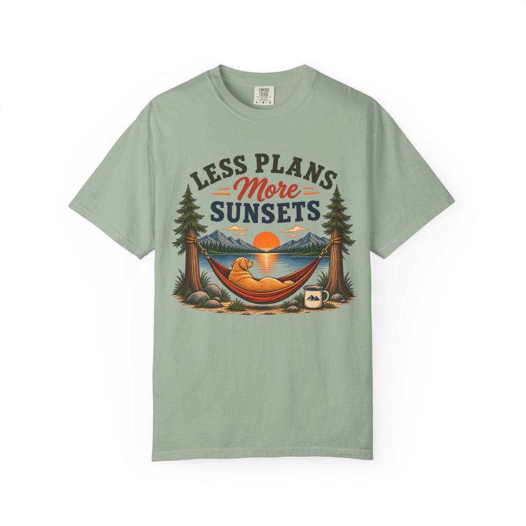 Less Plans More Sunsets T-Shirt — Relaxed Outdoor Camping Tee