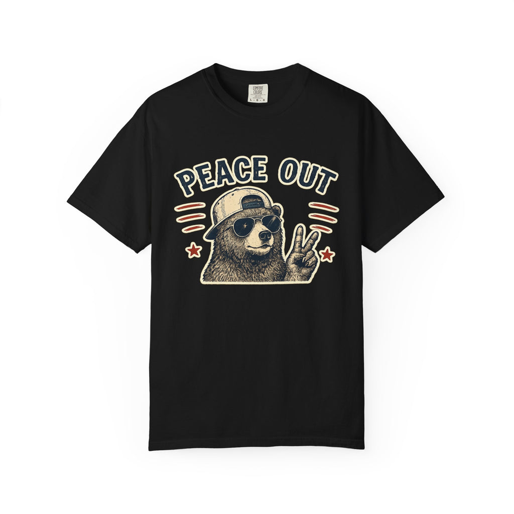 Peace Out Bear T-Shirt — Retro Bear Giving Peace Sign Graphic Tee