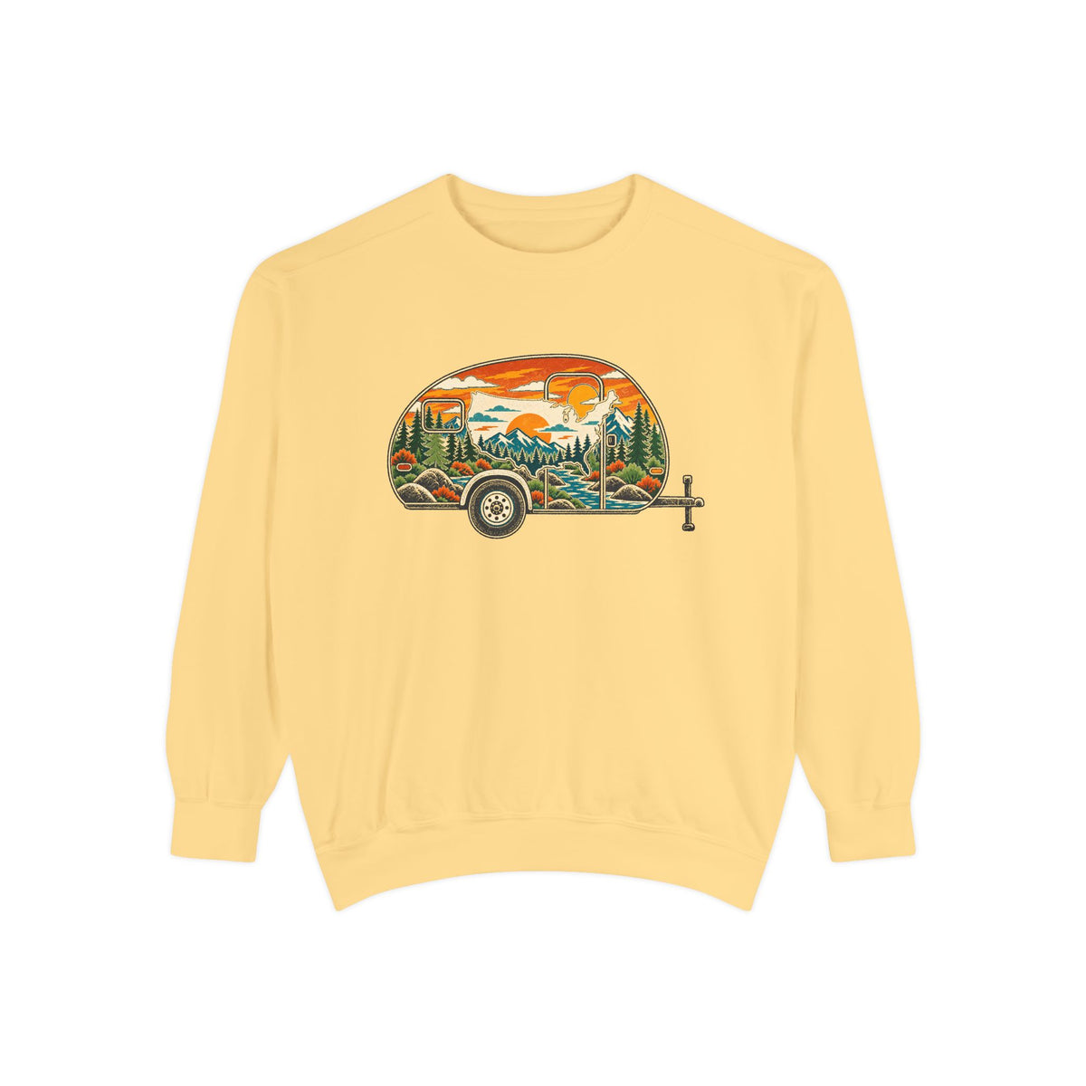 Camper Sunset Sweatshirt — Retro Teardrop Trailer Graphic Pullover