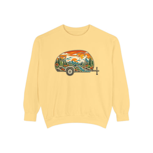 Camper Sunset Sweatshirt — Retro Teardrop Trailer Graphic Pullover