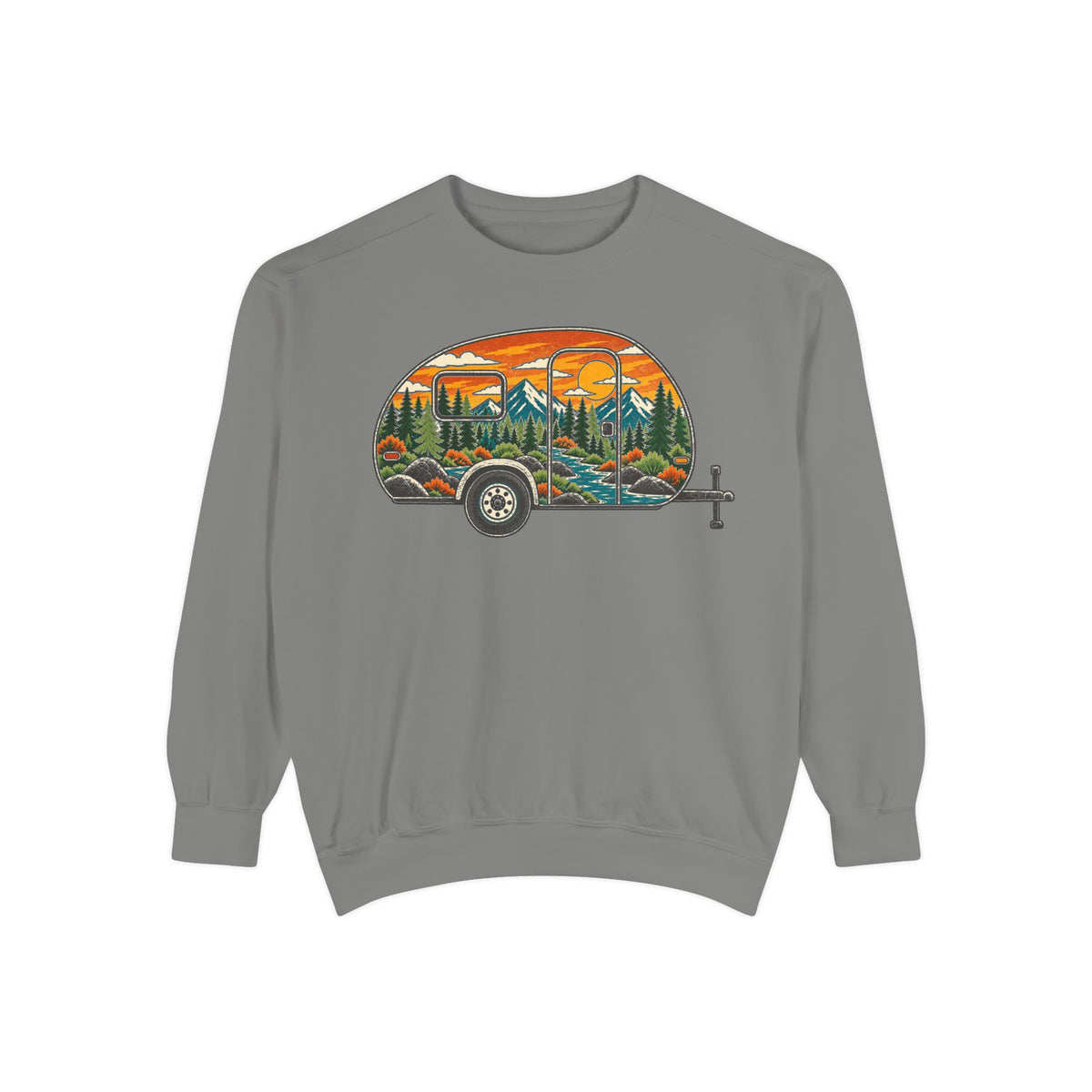 Camper Trailer Crewneck Sweatshirt — Vintage Sunset Mountain RV Camping Design