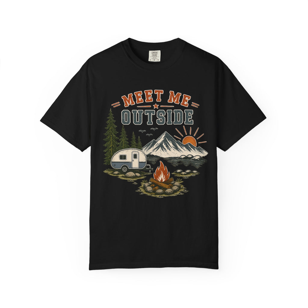 Meet Me Outside Camping T-Shirt — RV Camper, Mountains & Campfire Outdoor Tee