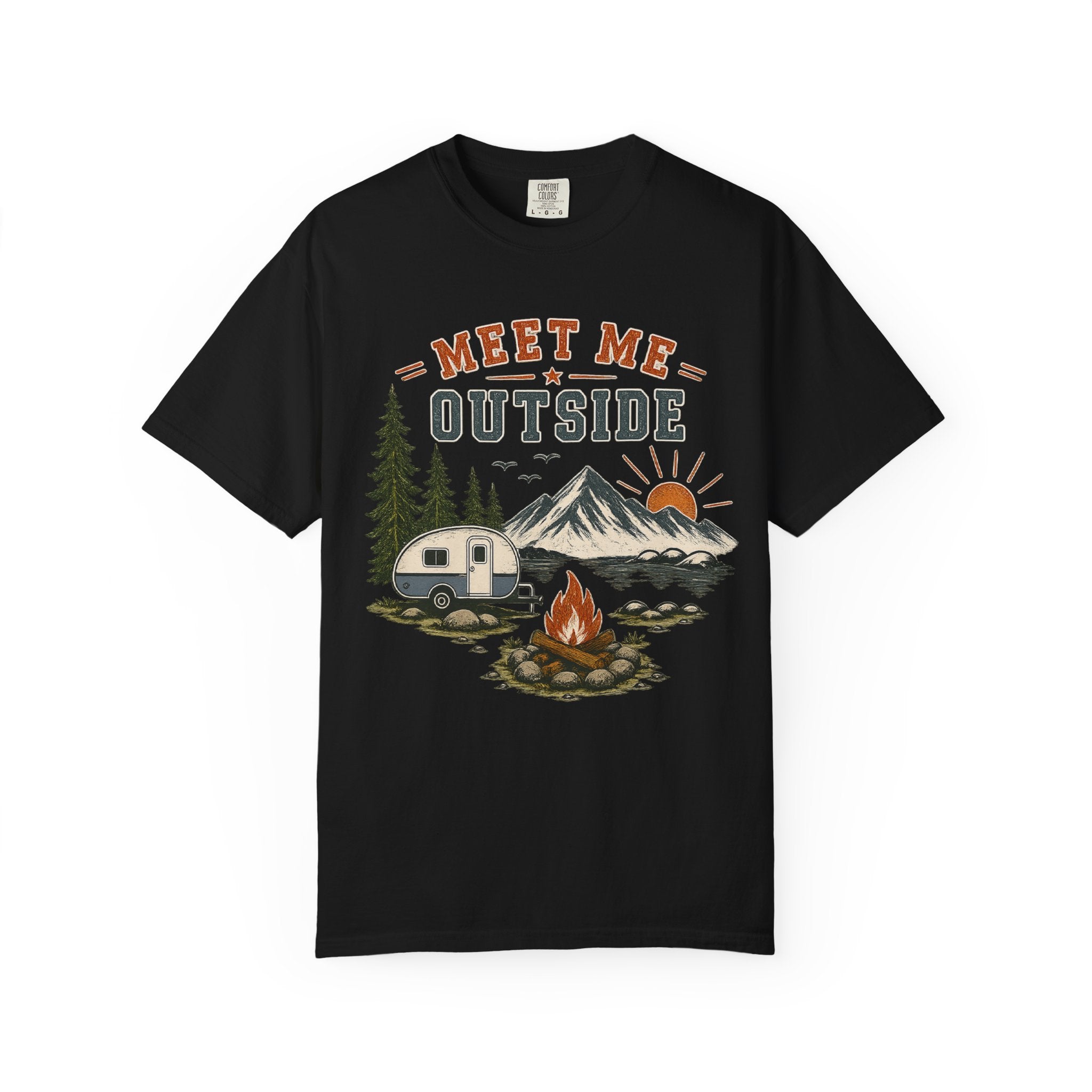 Meet Me Outside Camping T-Shirt — RV Camper, Mountains & Campfire Outdoor Tee