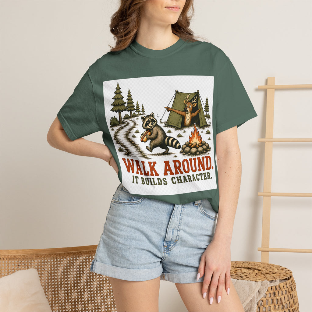 Camping T-Shirt — "Walk Around. It Builds Character." Retro Raccoon Campfire Design