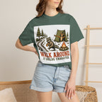Camping T-Shirt — "Walk Around. It Builds Character." Retro Raccoon Campfire Design