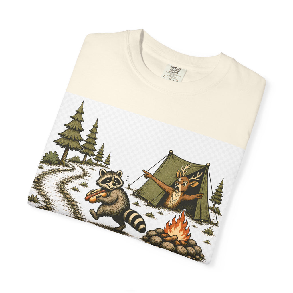 Camping T-Shirt — "Walk Around. It Builds Character." Retro Raccoon Campfire Design