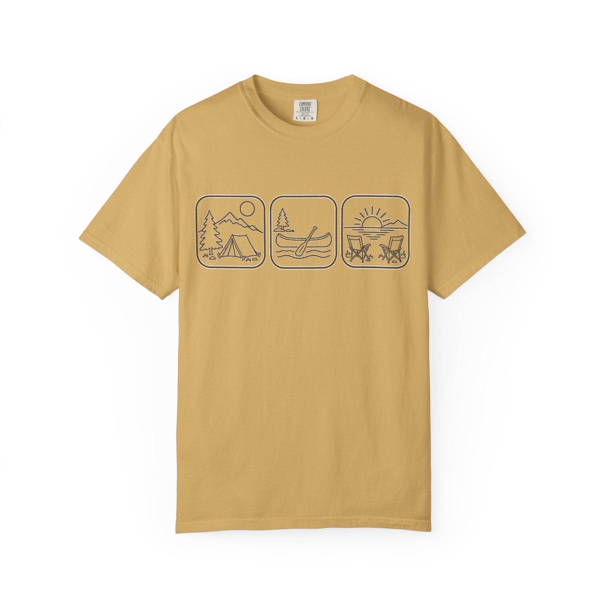 Adventure Icons T-Shirt — Camping, Surfing & Sunset Graphic Tee