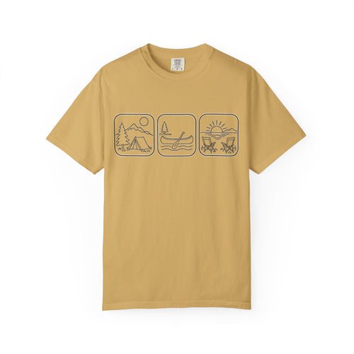 Adventure Icons T-Shirt — Camping, Surfing & Sunset Graphic Tee