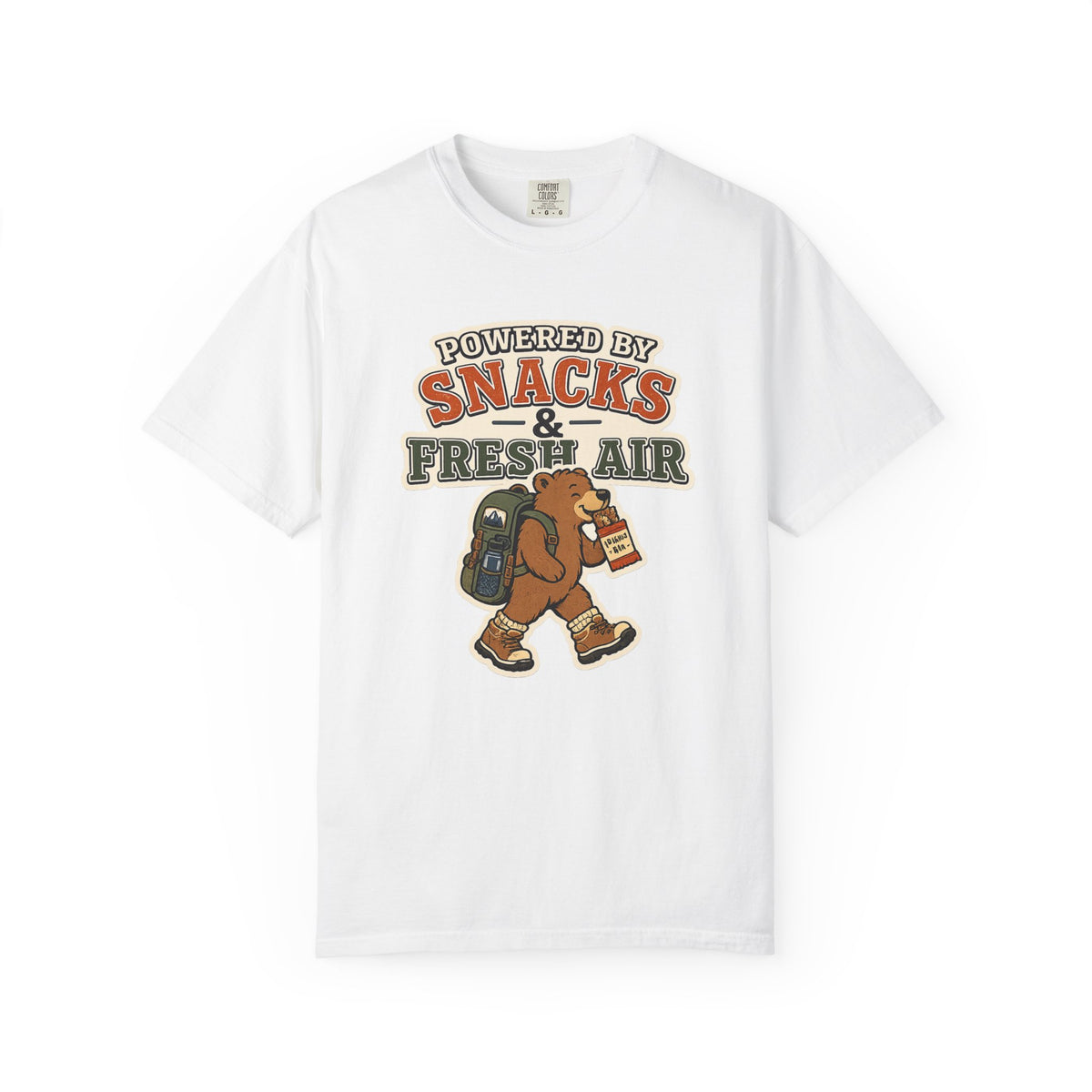 T-Shirt — "Powered by Snacks & Fresh Air" Hiking Bear Graphic Tee