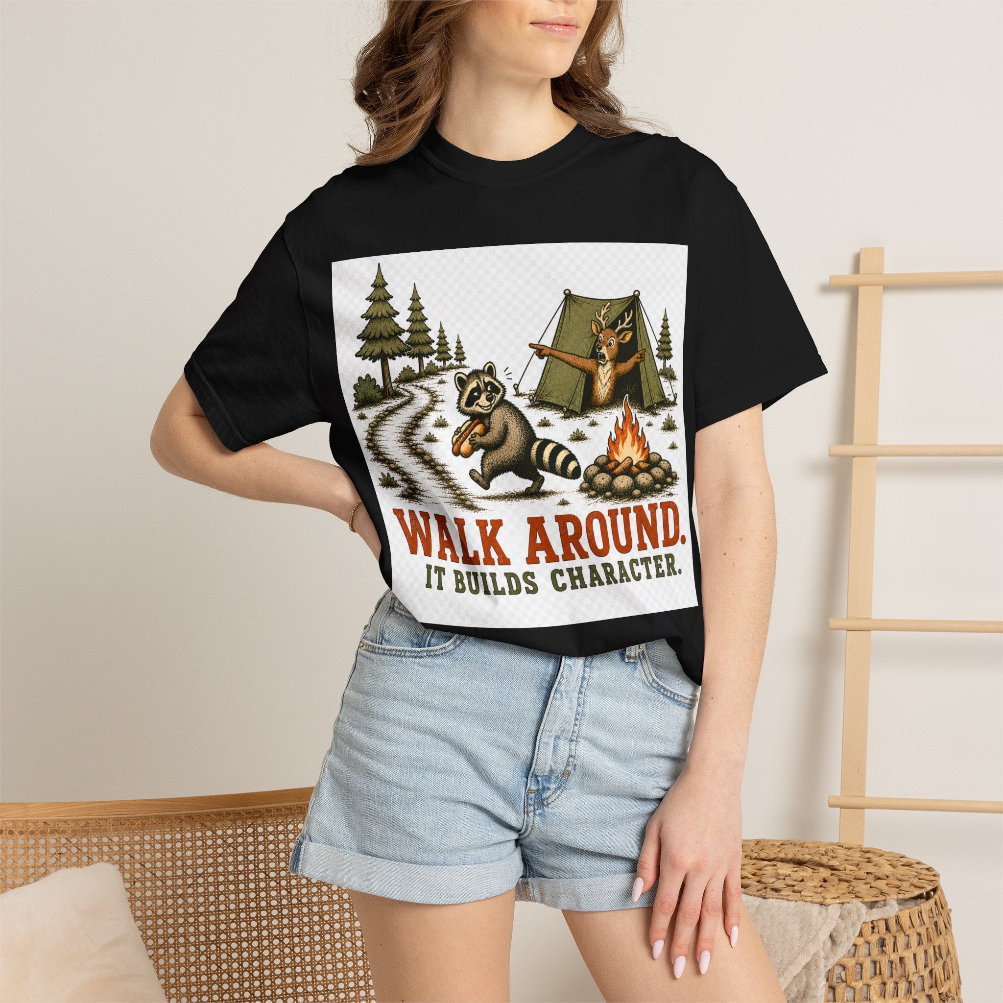 Camping T-Shirt — "Walk Around. It Builds Character." Retro Raccoon Campfire Design