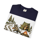 Camping T-Shirt — "Walk Around. It Builds Character." Retro Raccoon Campfire Design