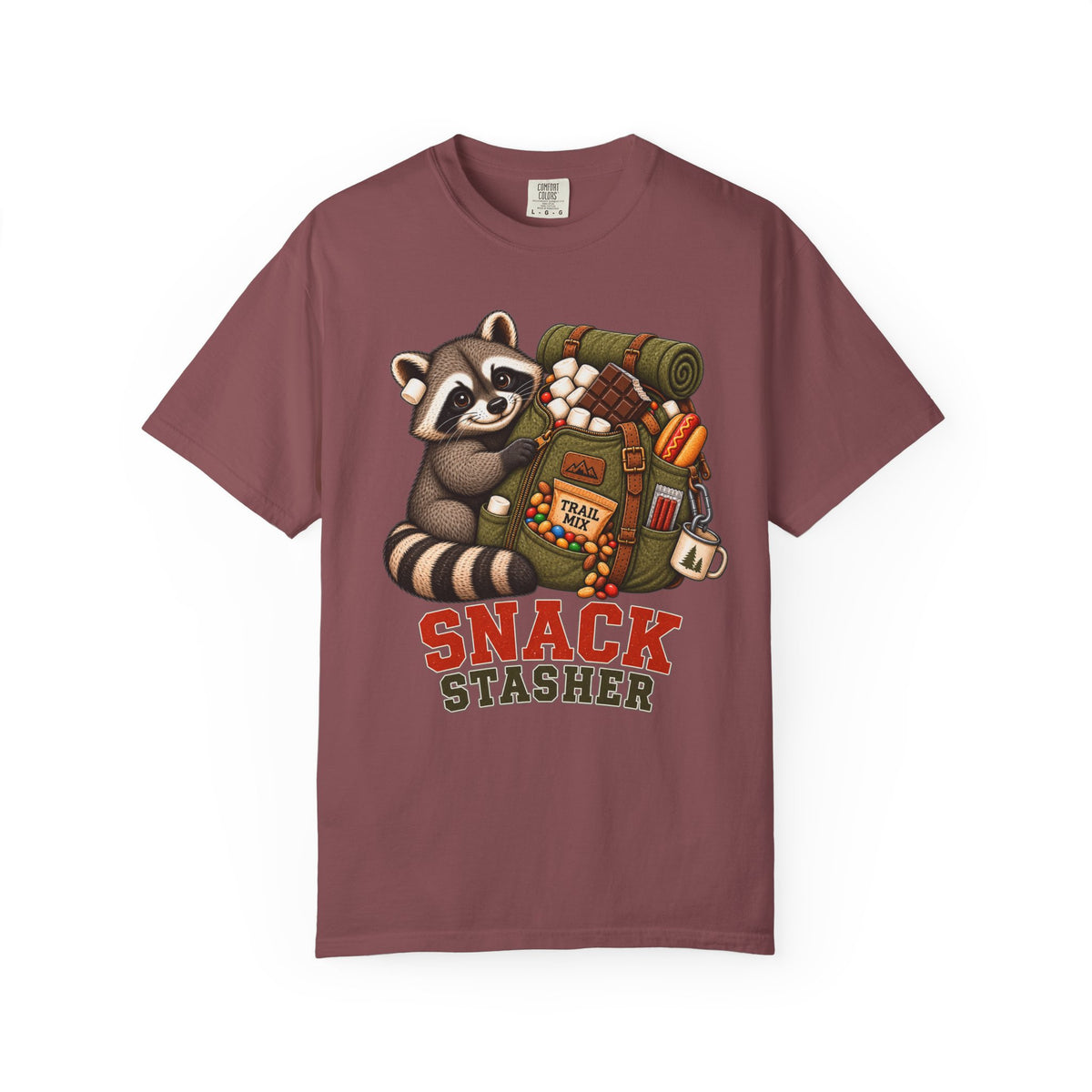 Snack Stasher T-Shirt — Cute Raccoon Backpacking Graphic Tee