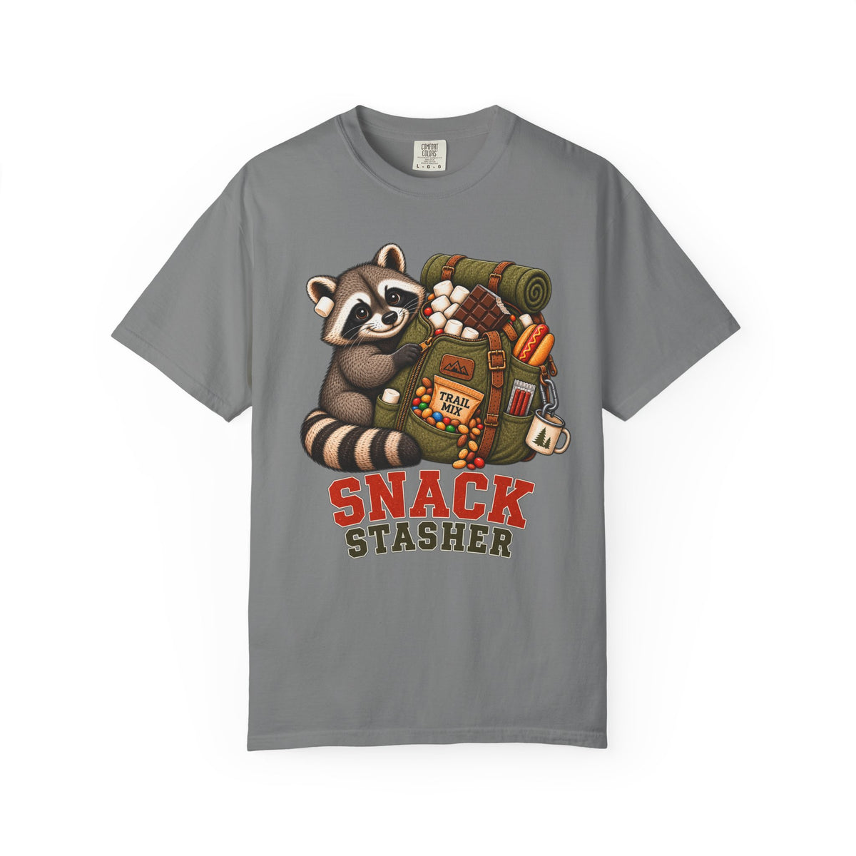 Snack Stasher T-Shirt — Cute Raccoon Backpacking Graphic Tee