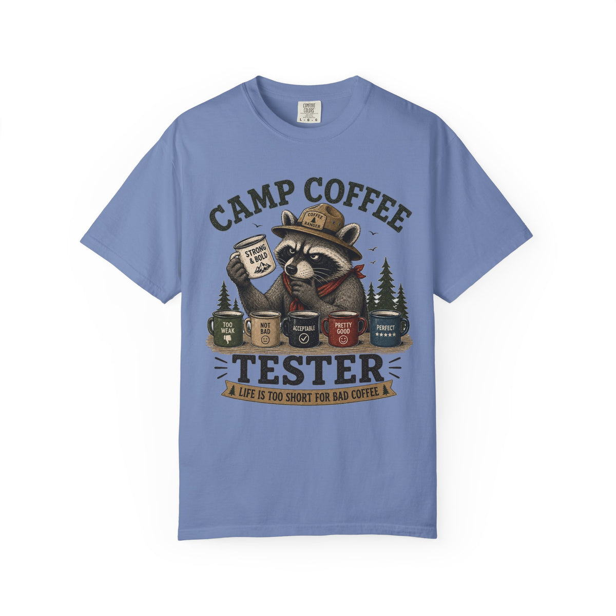 Camp Coffee Tester T-Shirt — Funny Raccoon Camper Coffee Lover Tee