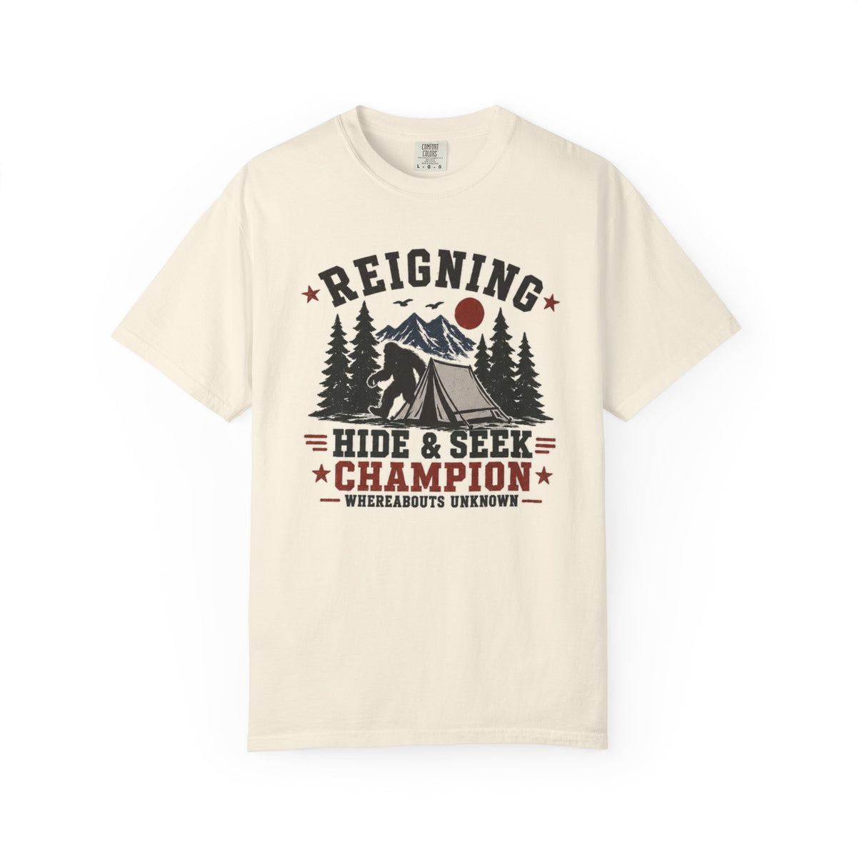 Hide & Seek Champion Camping T-Shirt — Outdoor Tent, Mountains & Trees Design