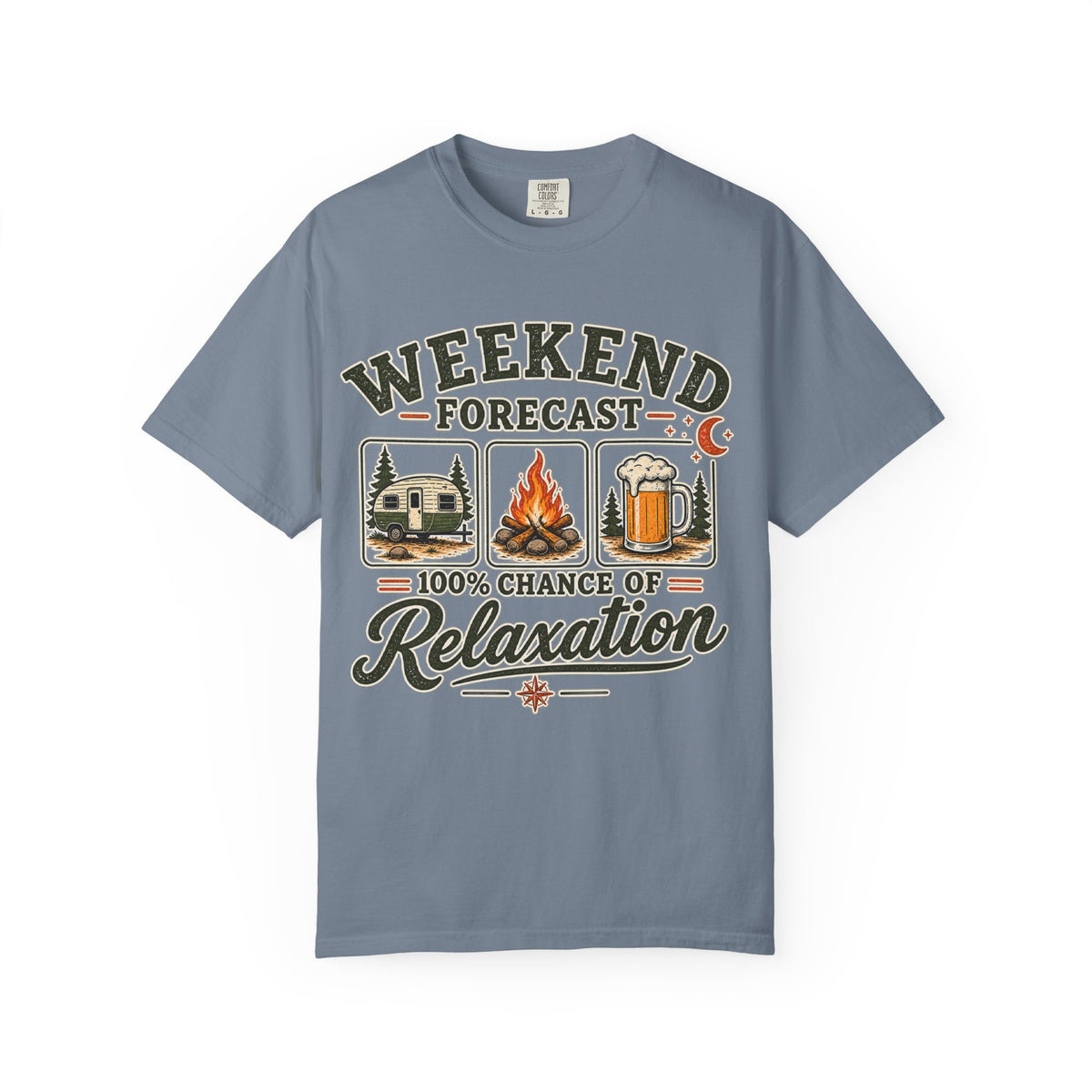 Weekend Forecast T-Shirt — 100% Chance of Relaxation Camping & Beer Graphic Tee
