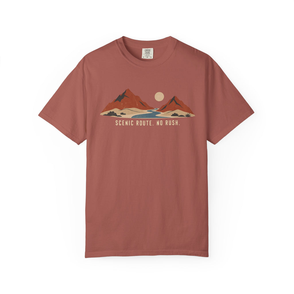 Scenic Route Mountain T-Shirt — "Scenic Route No Rush" Vintage Outdoor Tee