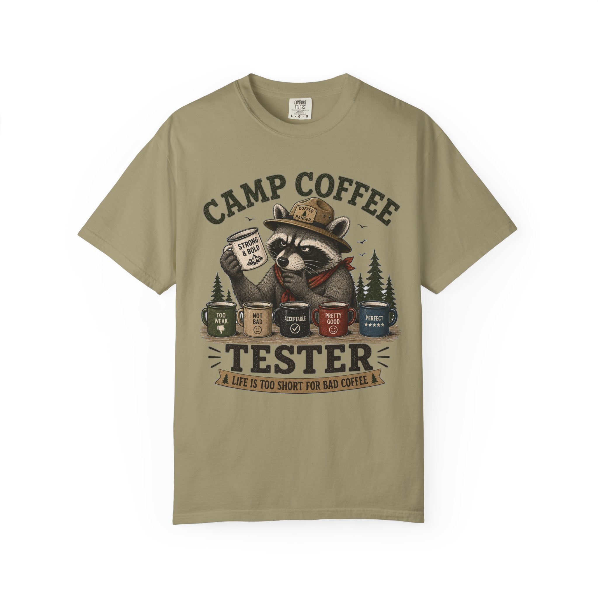 Camp Coffee Tester T-Shirt — Funny Raccoon Camper Coffee Lover Tee
