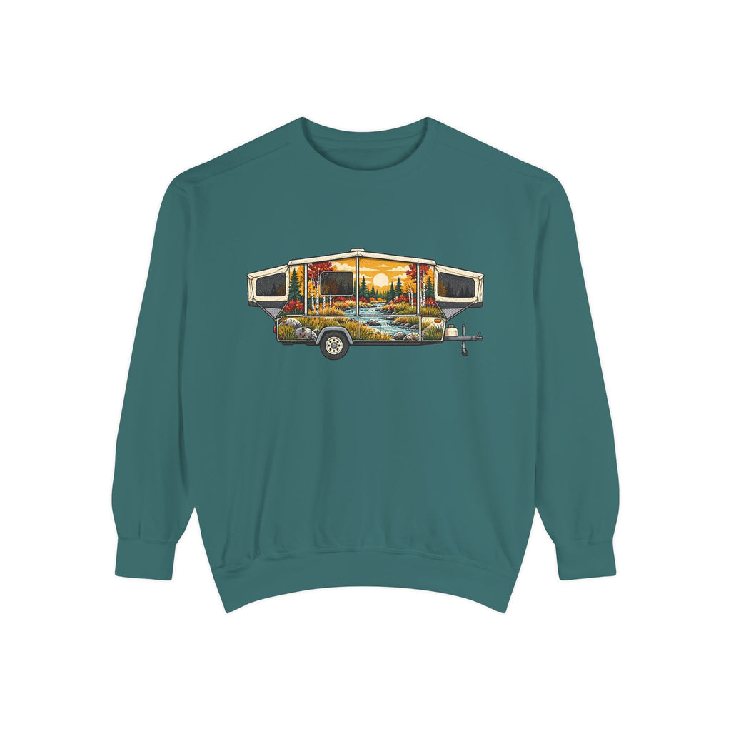 Vintage Camper Sweatshirt — Scenic RV Road Trip Graphic