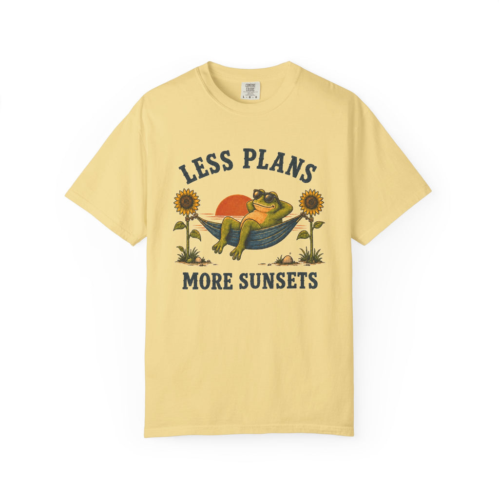 Less Plans More Sunsets T-Shirt — Relaxed Camping Graphic Tee