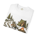 Camping T-Shirt — "Walk Around. It Builds Character." Retro Raccoon Campfire Design