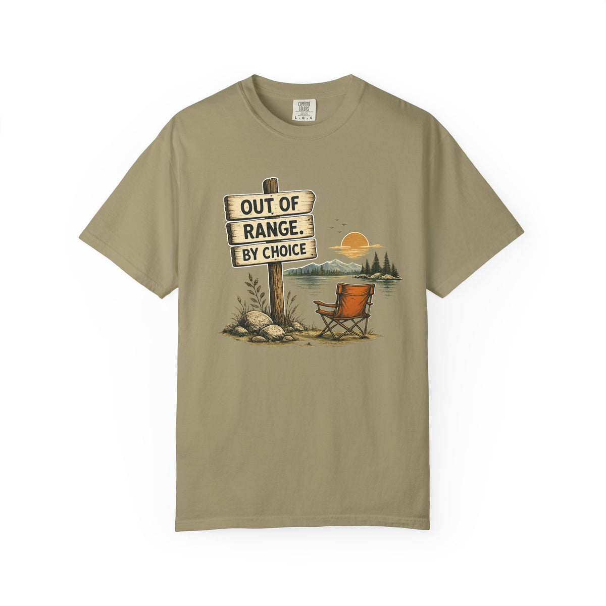 Camping T-Shirt — "Out of Range by Choice" Outdoor Relaxing Graphic Tee