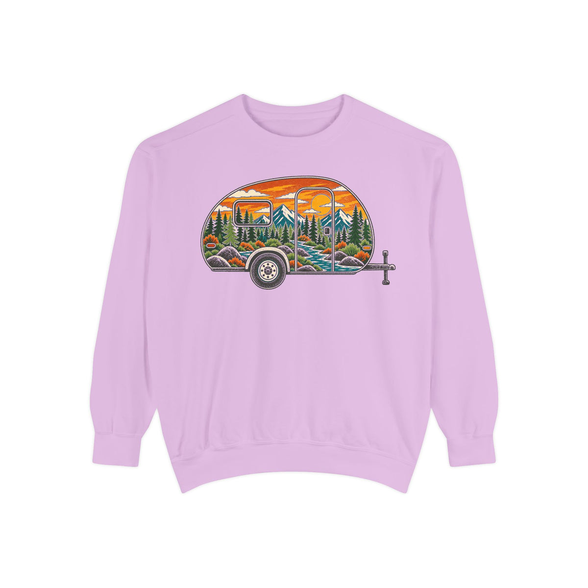 Camper Trailer Crewneck Sweatshirt — Vintage Sunset Mountain RV Camping Design