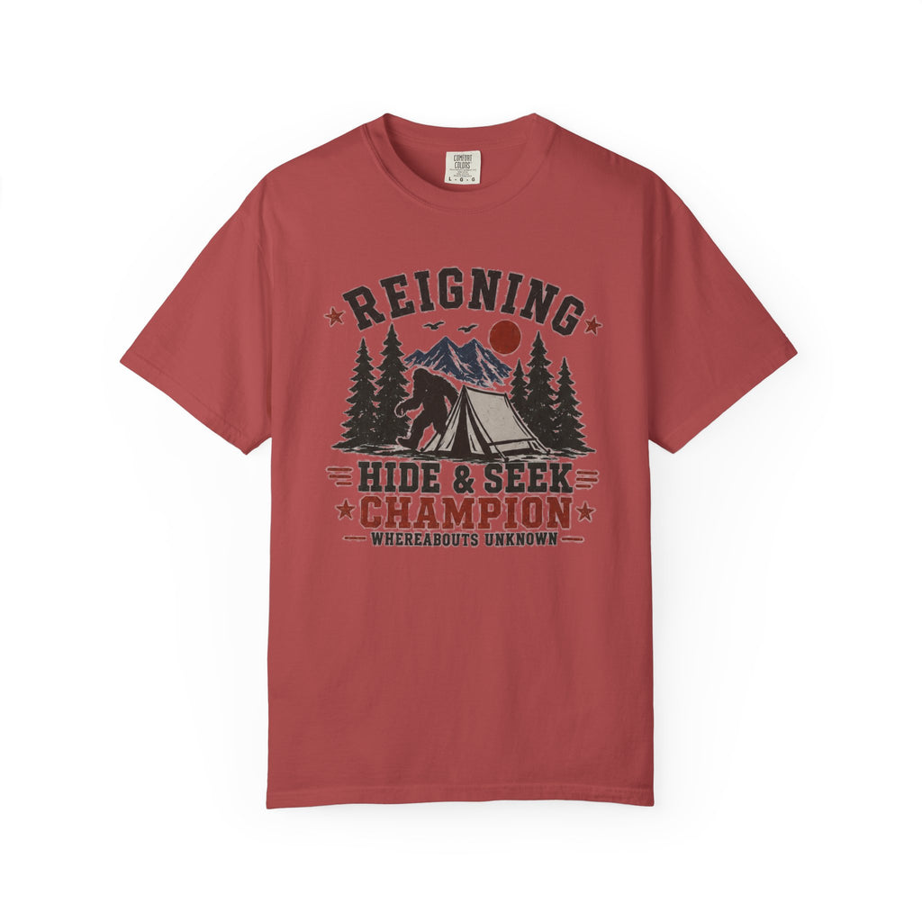 Hide & Seek Champion Camping T-Shirt — Outdoor Tent, Mountains & Trees Design