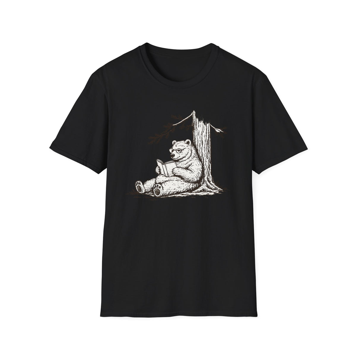 Bear Reading T-Shirt — Vintage Sketch Bear Under Tree Graphic Tee