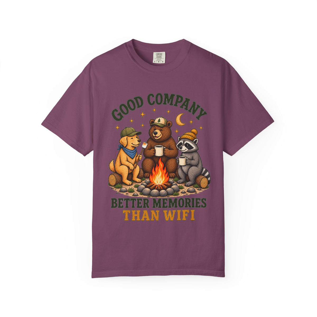 Campfire Friends T-Shirt — "Good Company, Better Memories Than WiFi"