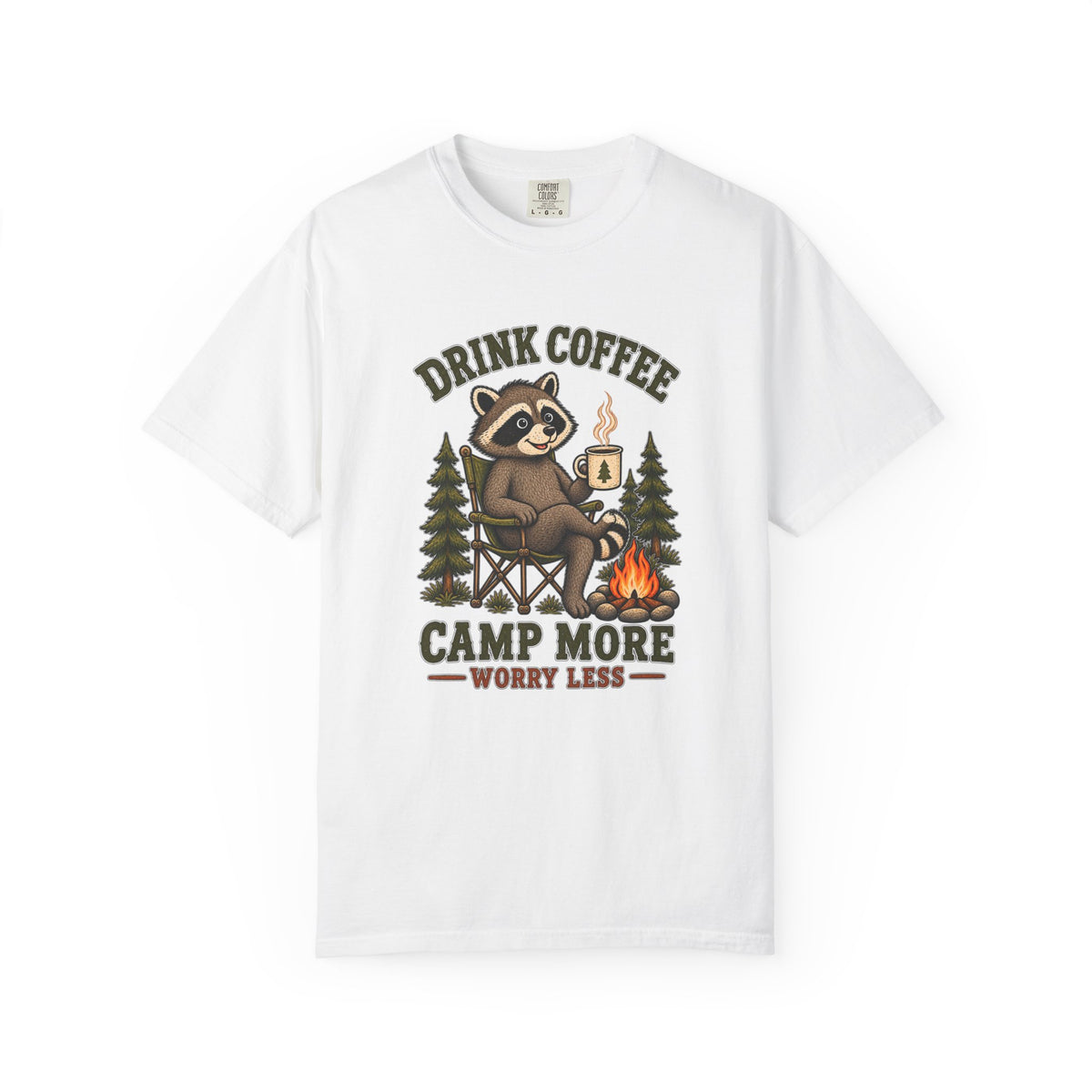 Drink Coffee, Camp More T-Shirt — Cute Raccoon Campfire Graphic