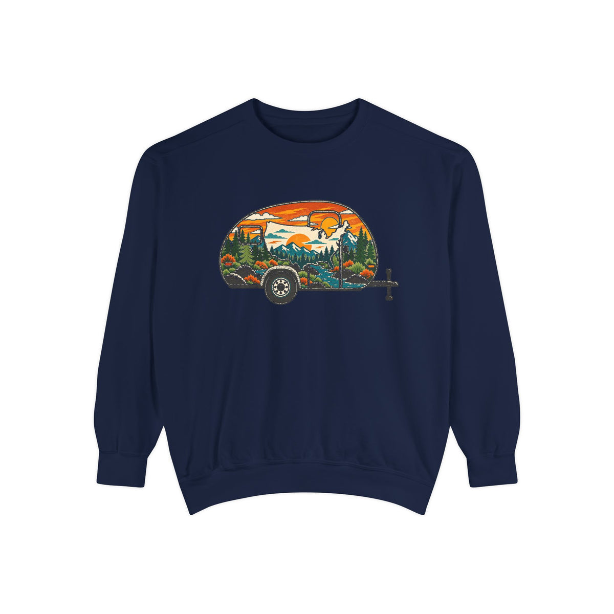 Camper Sunset Sweatshirt — Retro Teardrop Trailer Graphic Pullover