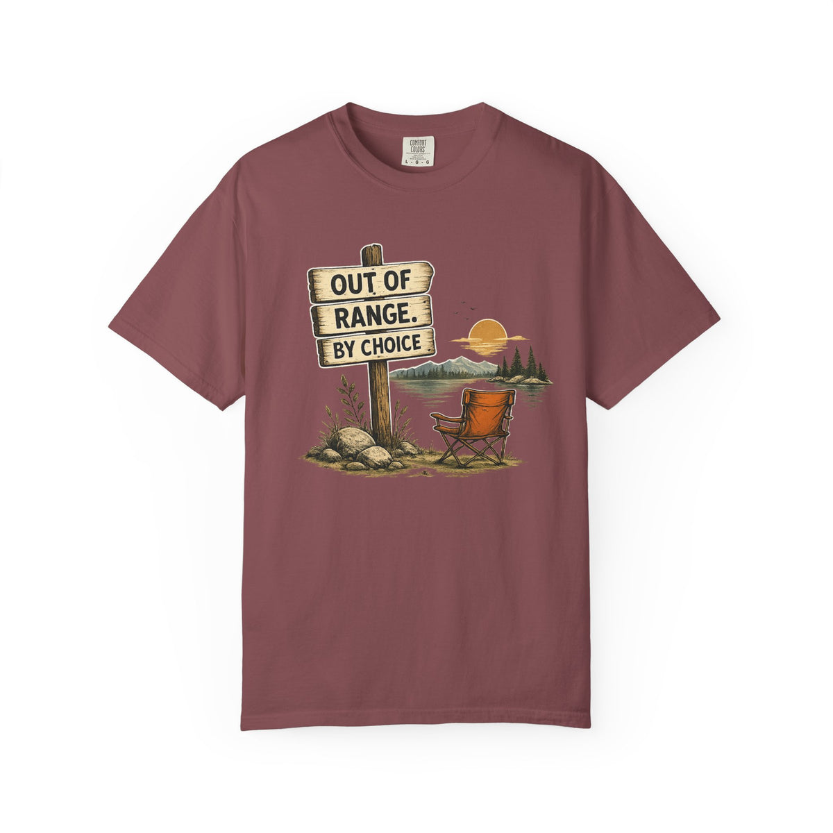 Camping T-Shirt — "Out of Range by Choice" Outdoor Relaxing Graphic Tee