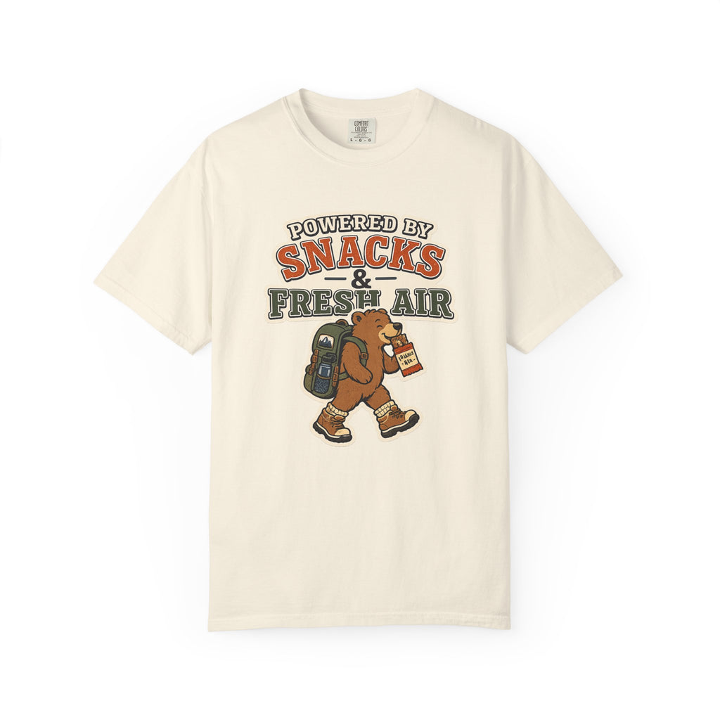 T-Shirt — "Powered by Snacks & Fresh Air" Hiking Bear Graphic Tee