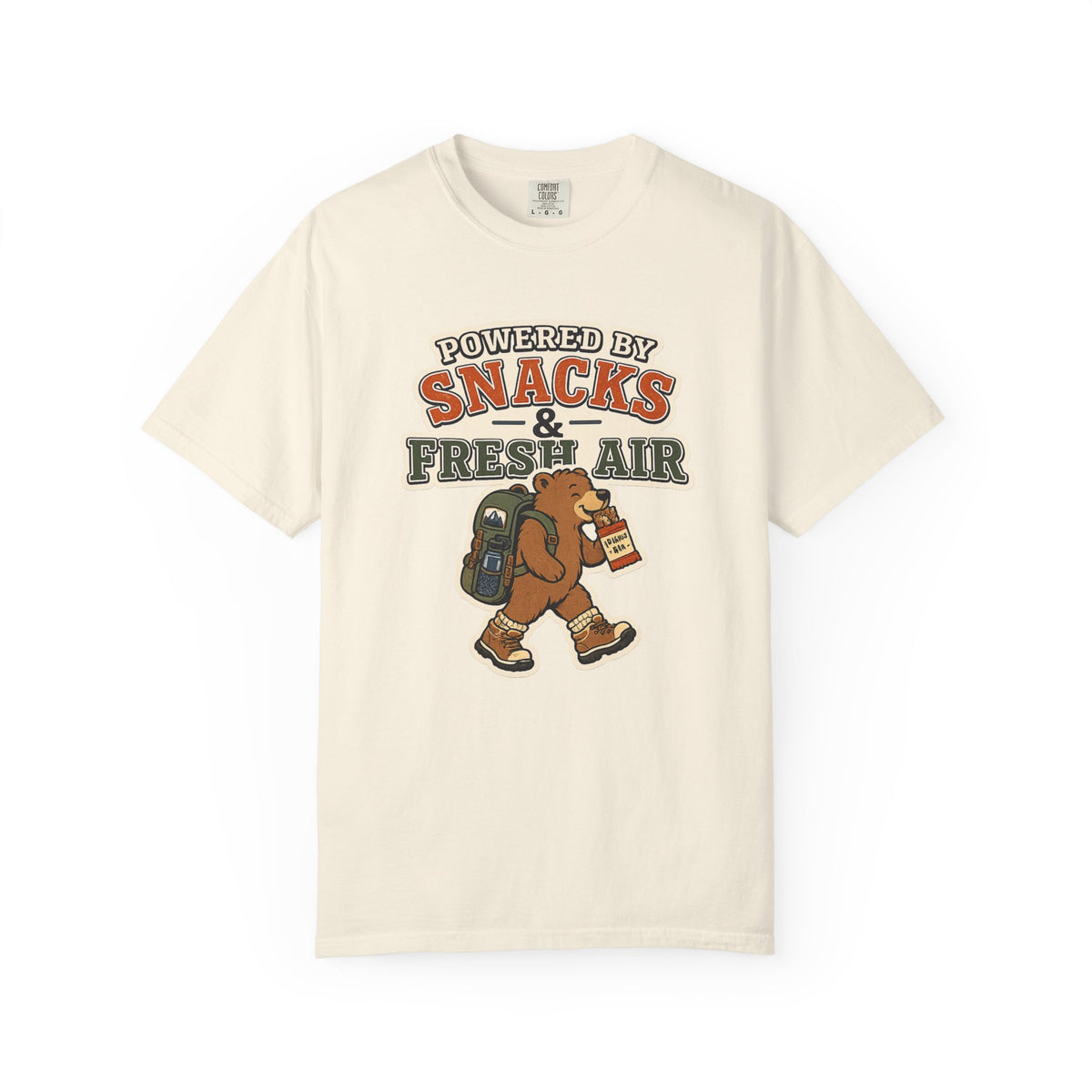 T-Shirt — "Powered by Snacks & Fresh Air" Hiking Bear Graphic Tee