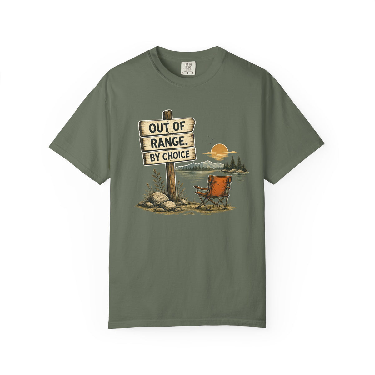 Camping T-Shirt — "Out of Range by Choice" Outdoor Relaxing Graphic Tee