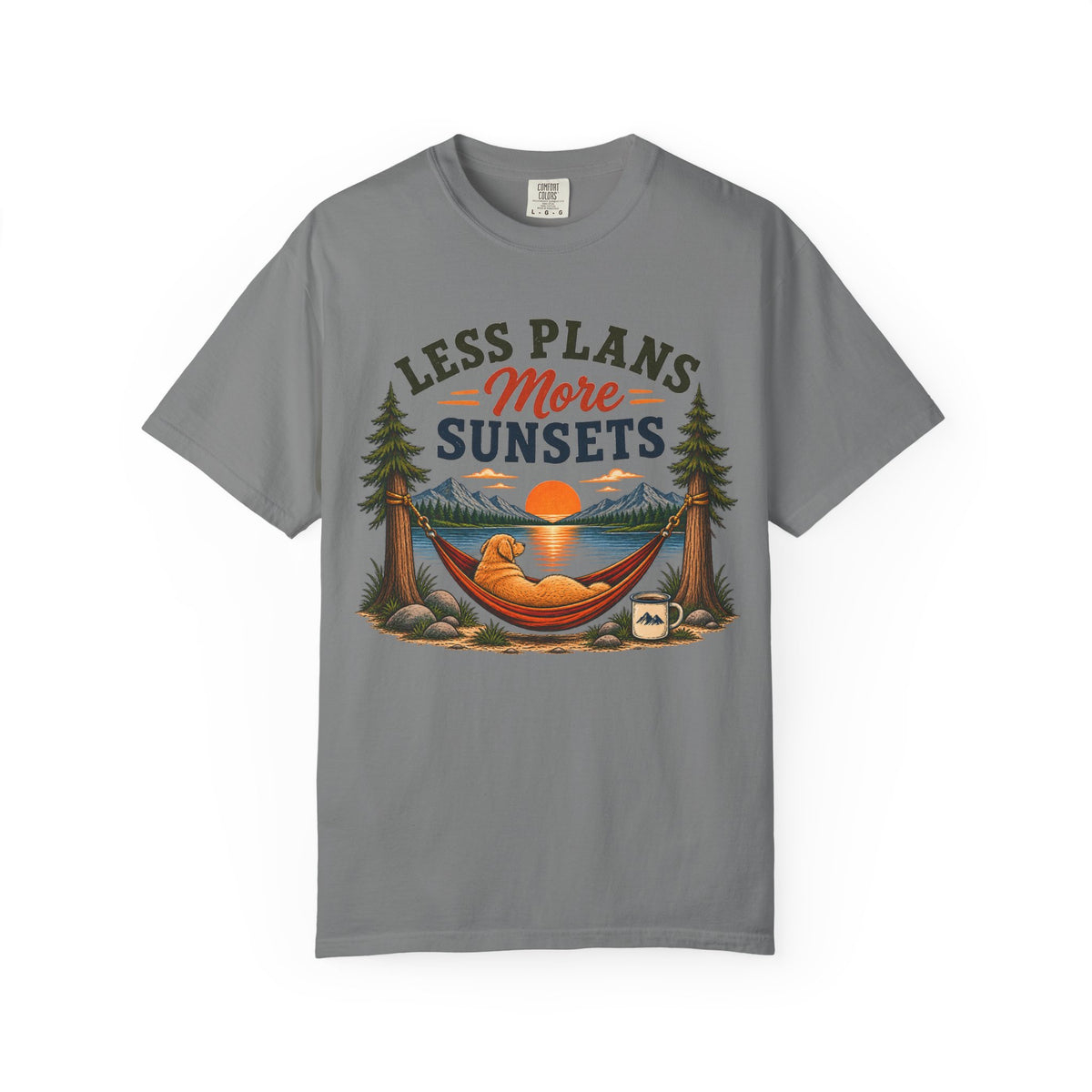 Less Plans More Sunsets T-Shirt — Relaxed Outdoor Camping Tee