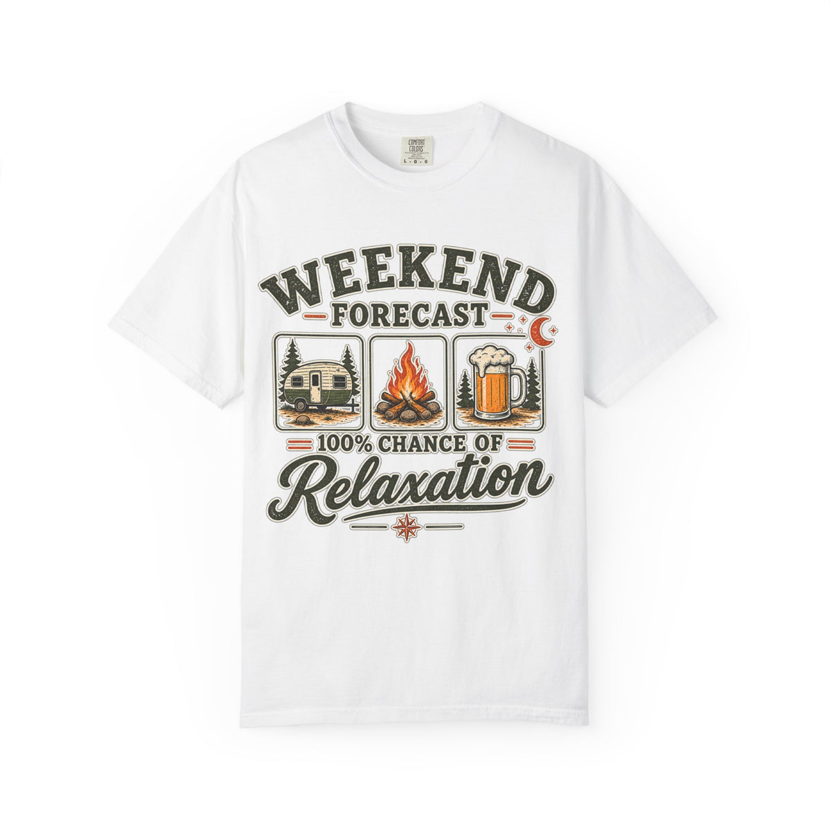 Weekend Forecast T-Shirt — 100% Chance of Relaxation Camping & Beer Graphic Tee