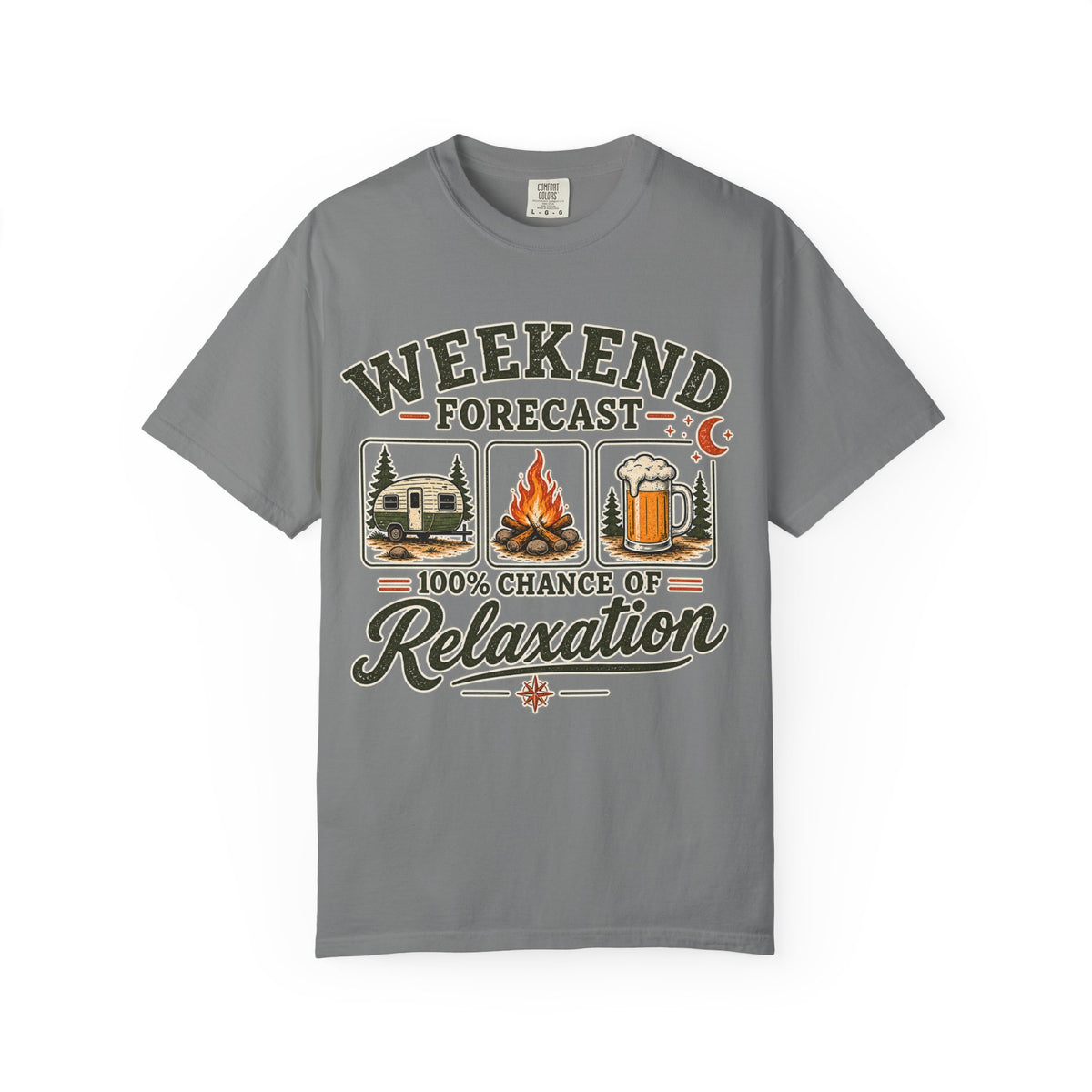 Weekend Forecast T-Shirt — 100% Chance of Relaxation Camping & Beer Graphic Tee