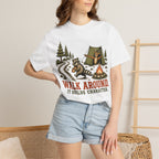 Camping T-Shirt — "Walk Around. It Builds Character." Retro Raccoon Campfire Design